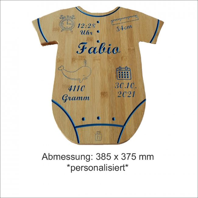 Baby Body zur Geburt personalisiert Bambus blau eingefärbt und geölt