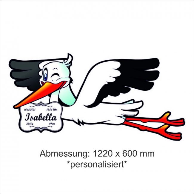 Storch zur Geburt XL - L1220 H600 9mm inkl. Personalisierung einseitig bedruckt exkl. Holzstab inkl. Versandkosten